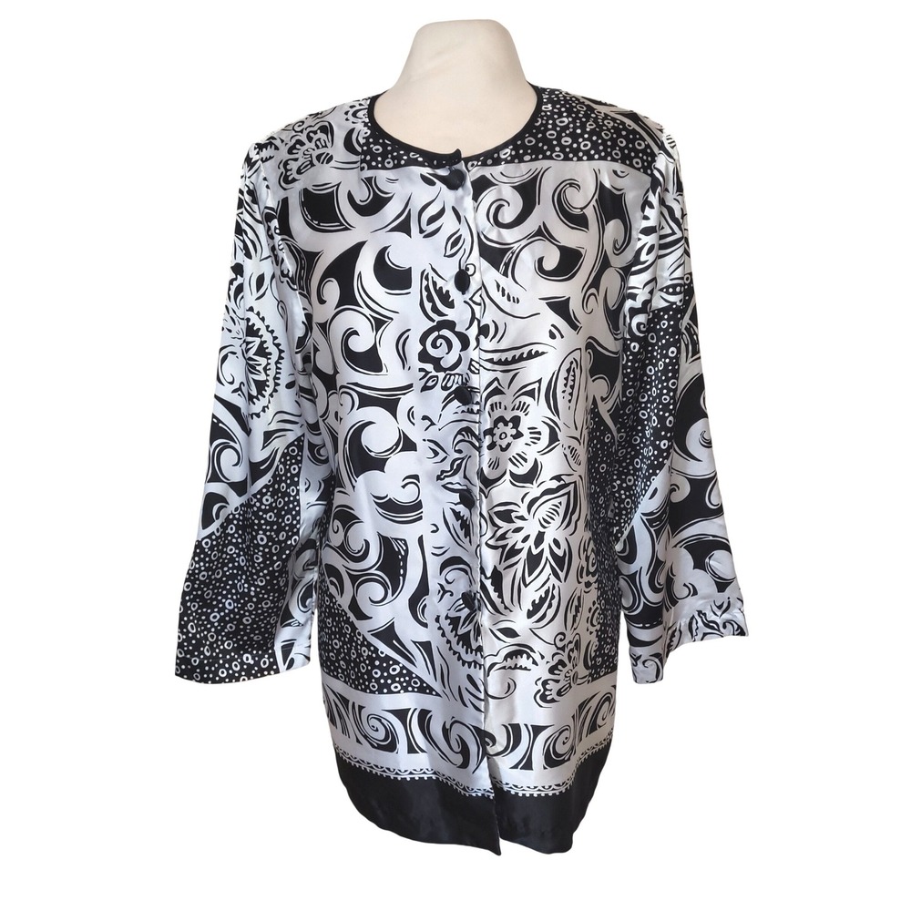 Natori Black White Graphic Floral Mandarin Satin Cocktail Resortwear Blouse L